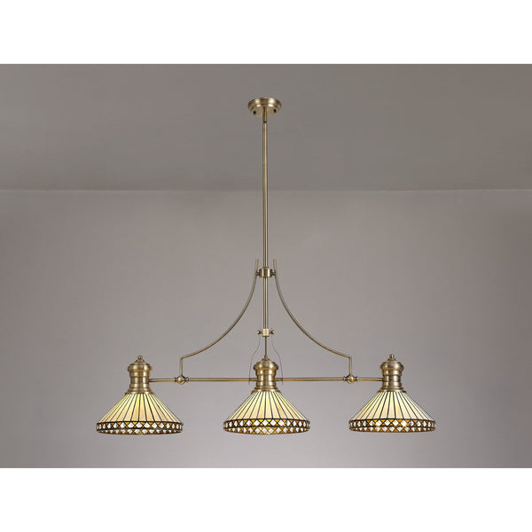 Fremington Antique Brass Linear Pendant with Amber Luppitt Tiffany Shades