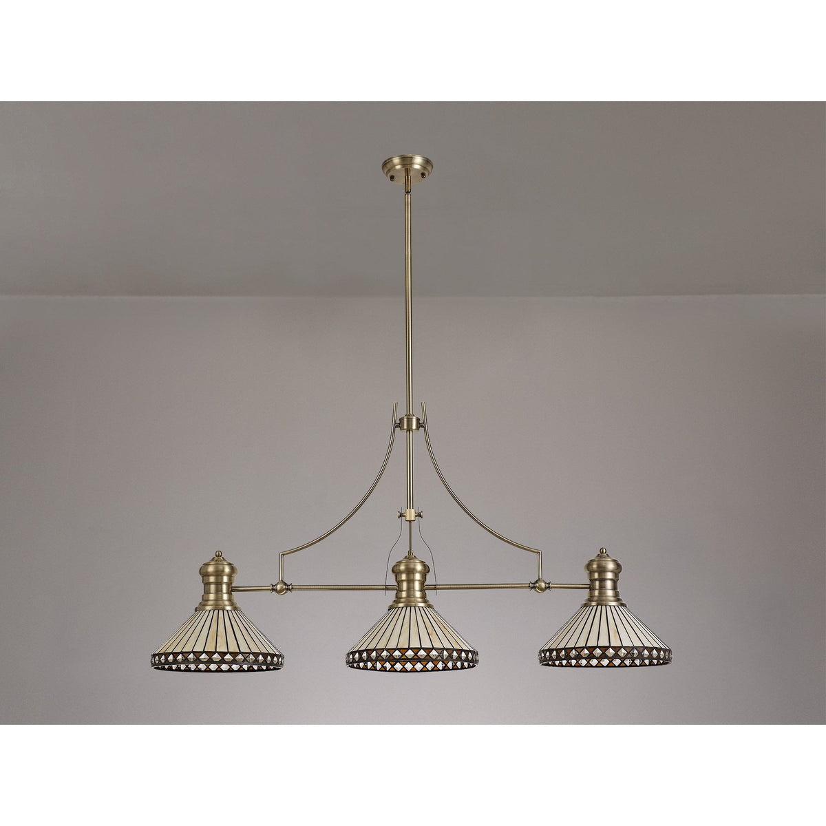 Fremington Antique Brass Linear Pendant with Amber Luppitt Tiffany Shades