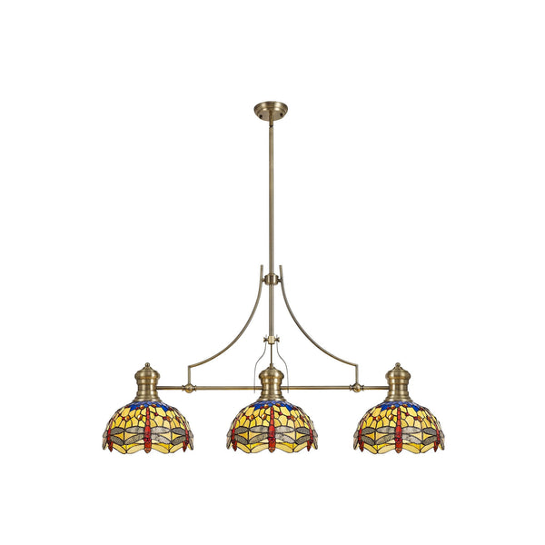Fremington Antique Brass Linear Pendant With Blue & Orange Loddiswell Tiffany Shades