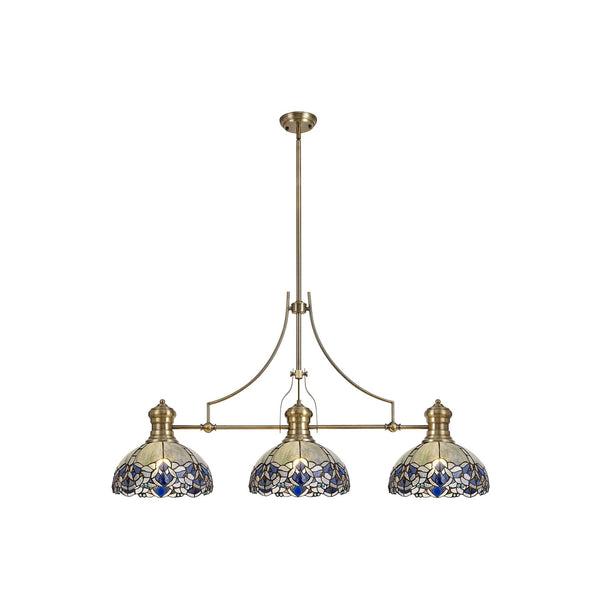 Fremington Antique Brass Linear Pendant with Blue Oakley Tiffany Shades