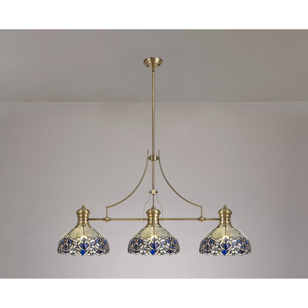 Fremington Antique Brass Linear Pendant with Blue Oakley Tiffany Shades