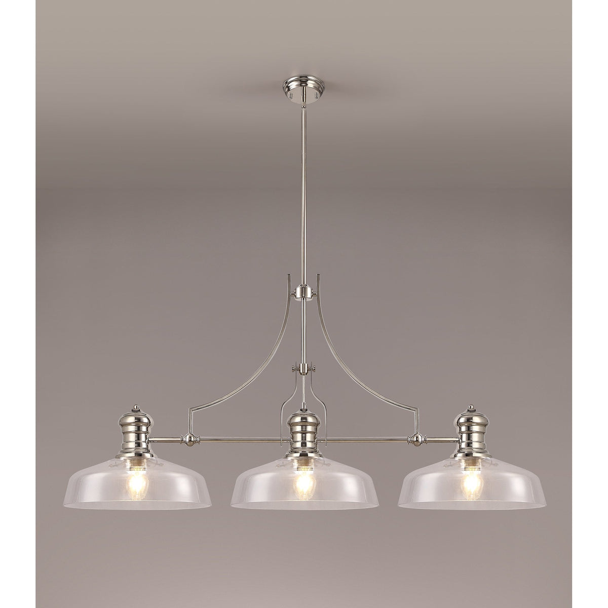 Fremington E27 Linear Pendant in Polished Nickel Finish with Large Flat Round Glass Shades