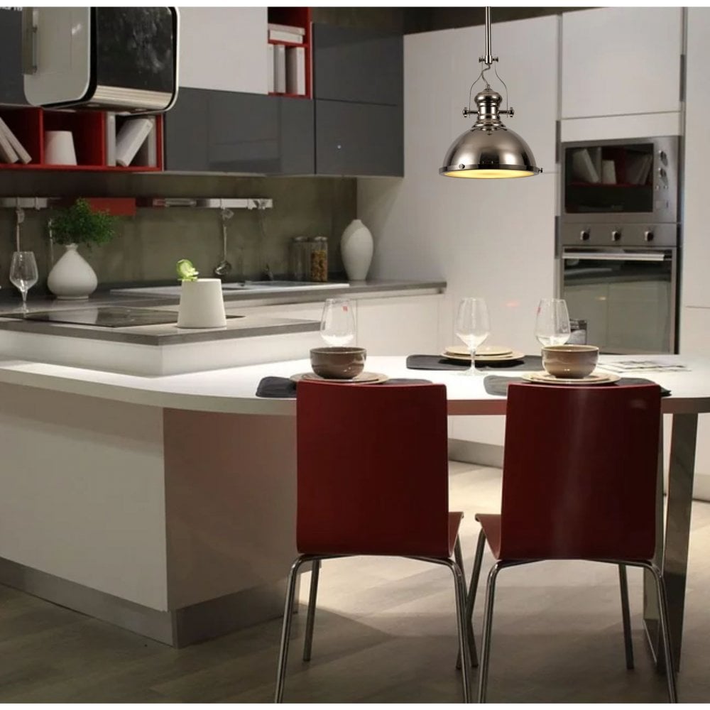 Fremington E27 Linear Pendant in Polished Nickel Finish with Large Flat Round Glass Shades