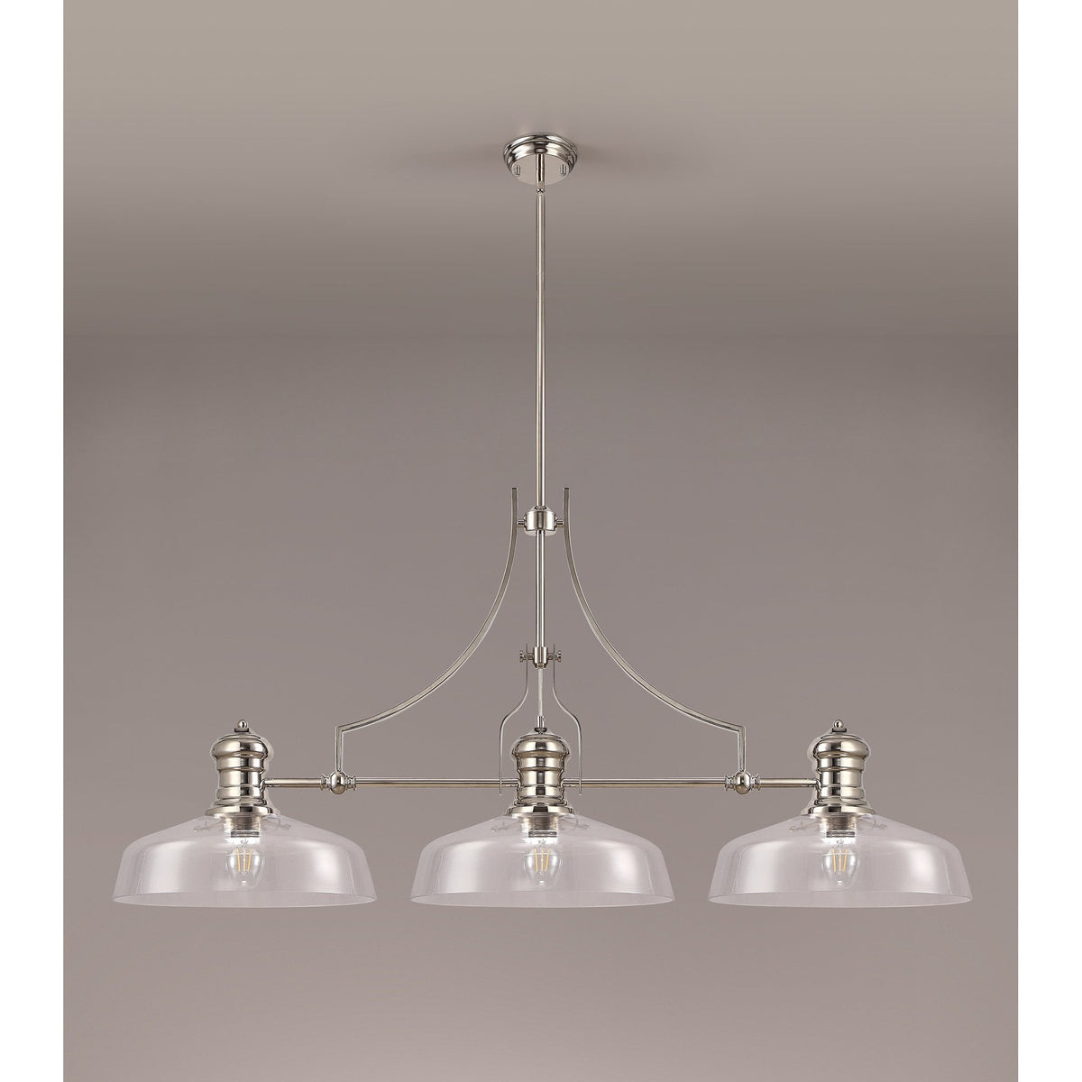Fremington E27 Linear Pendant in Polished Nickel Finish with Large Flat Round Glass Shades