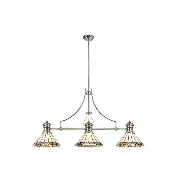 Fremington Polished Nickel Linear Pendant with Small Postbridge Grey & Cream Tiffany Shades