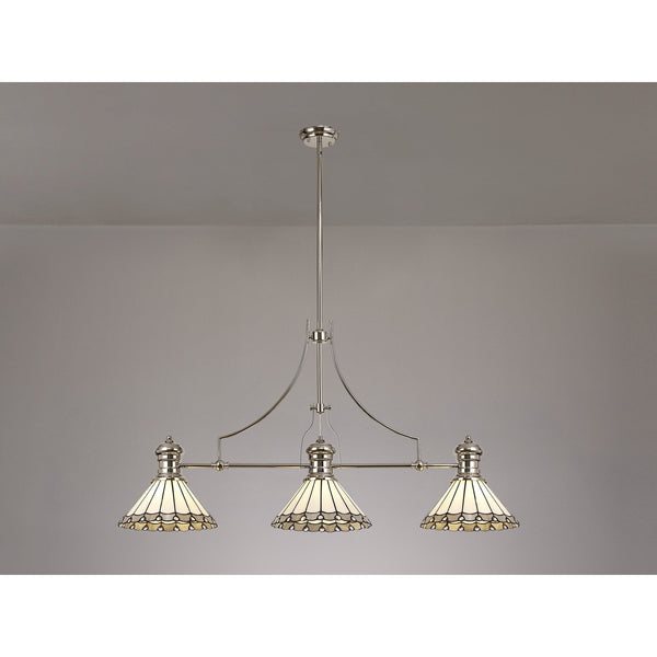 Fremington Polished Nickel Linear Pendant with Small Postbridge Grey & Cream Tiffany Shades