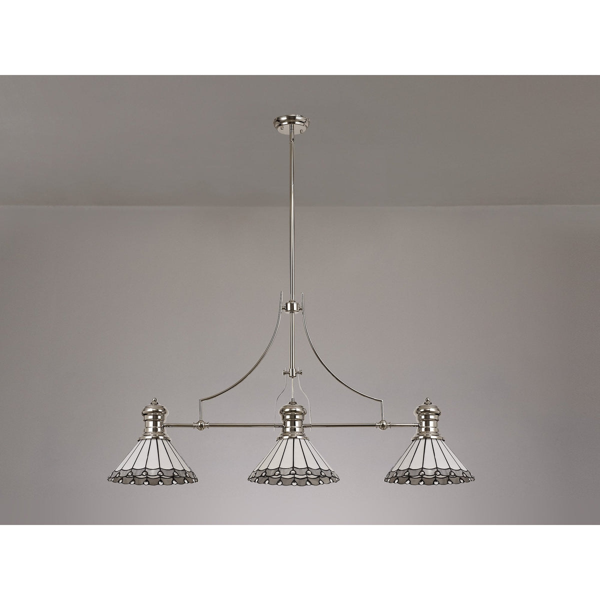 Fremington Polished Nickel Linear Pendant with Small Postbridge Grey & Cream Tiffany Shades