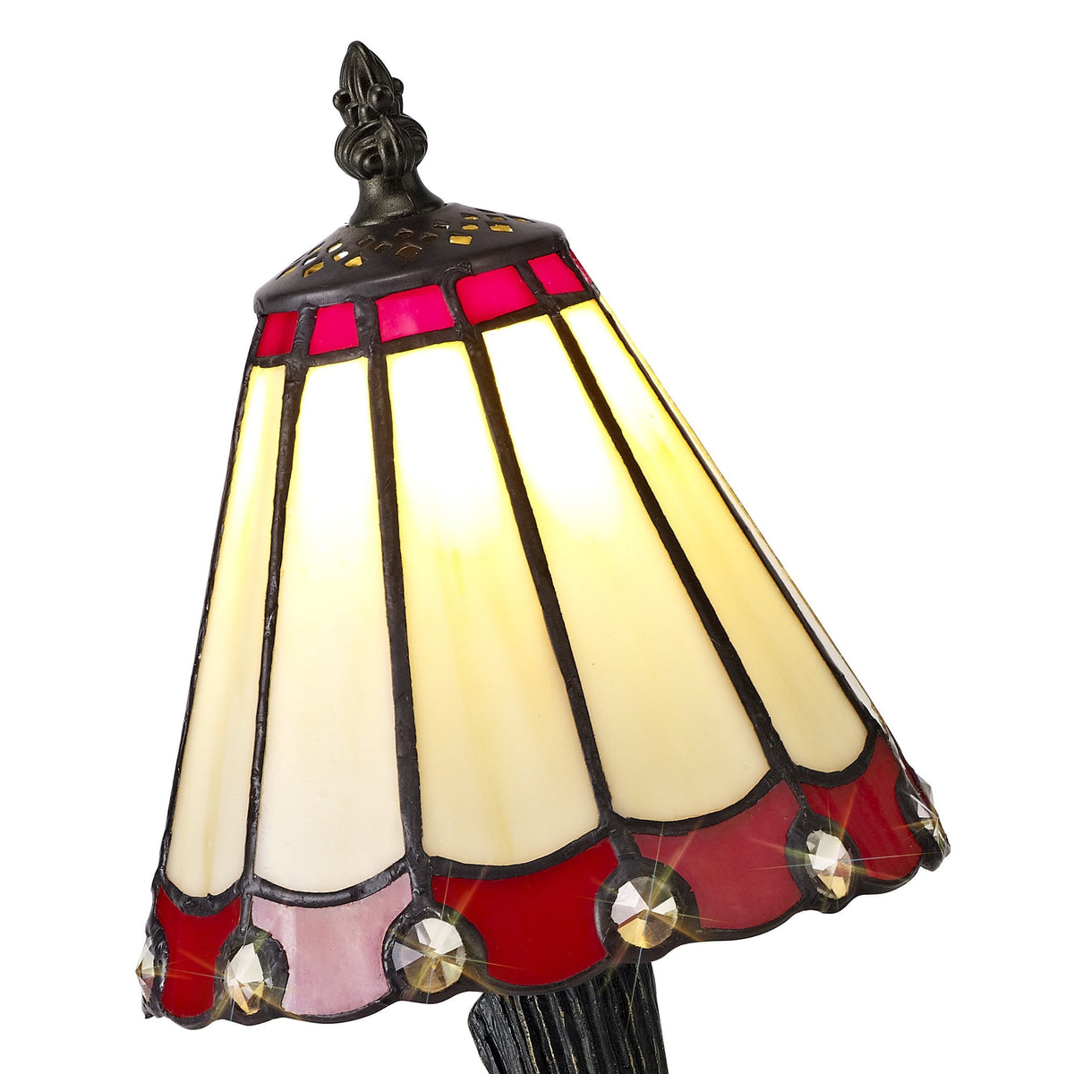 Postbridge Tiffany Table Lamp in Cream Red & Clear Crystal Shade