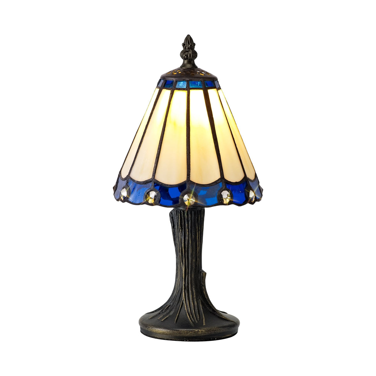 A Tiffany style table lamp with a blue and cream lampshade, on a tree-like bronze base.