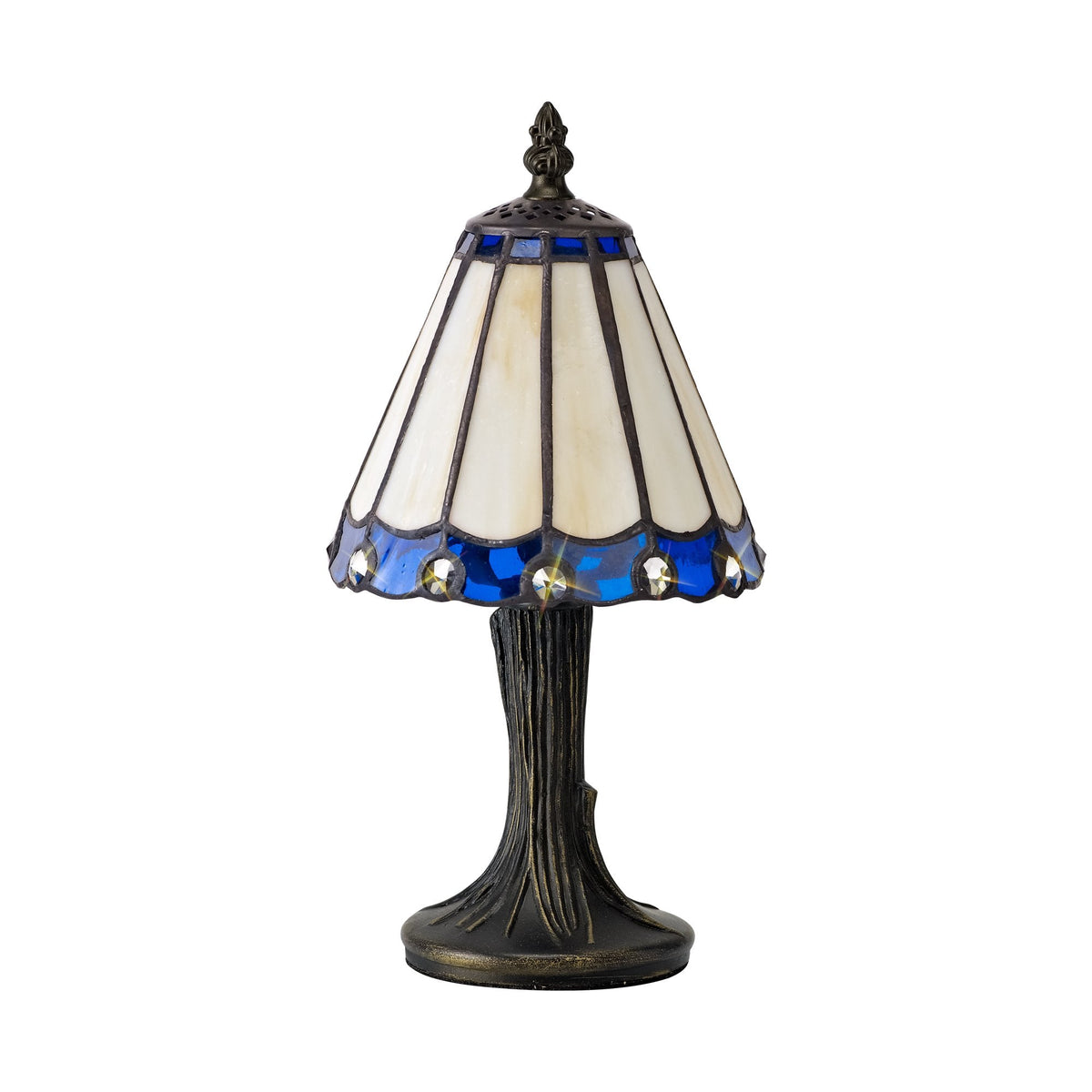 A Tiffany style table lamp with a blue and cream lampshade, on a tree-like bronze base.