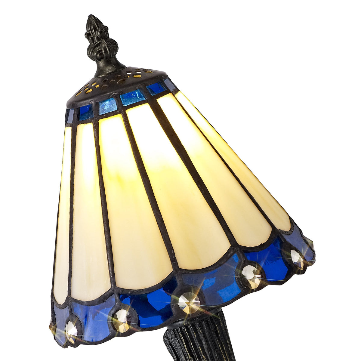 A close-up, angled view of the blue and cream Tiffany style lampshade with crystal accents.