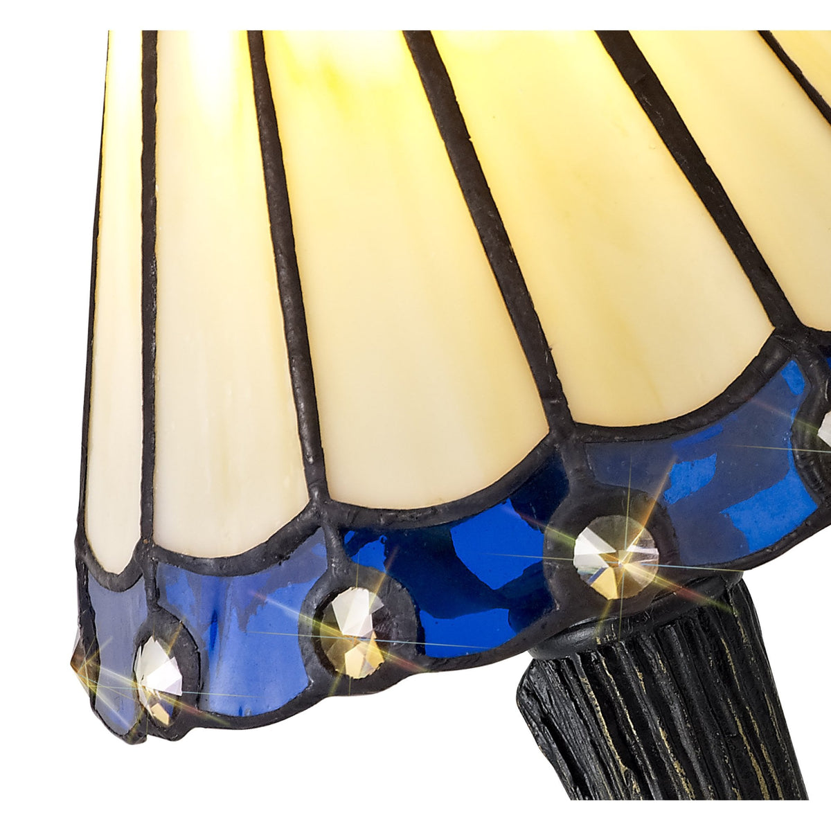 A close-up of the blue and cream Tiffany style lampshade with sparkling crystal accents.