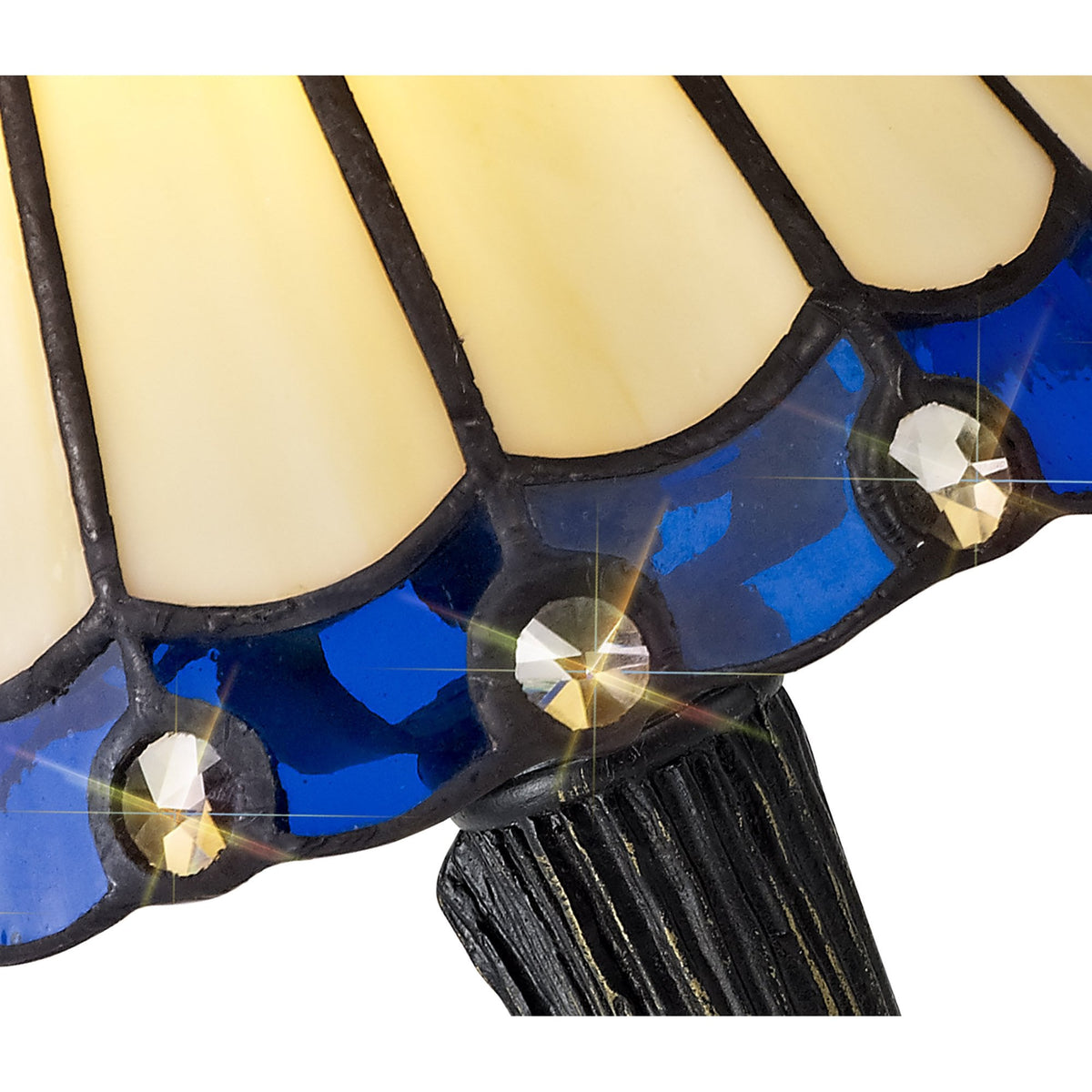 A close-up of the blue and cream Tiffany style lampshade with sparkling crystal accents.