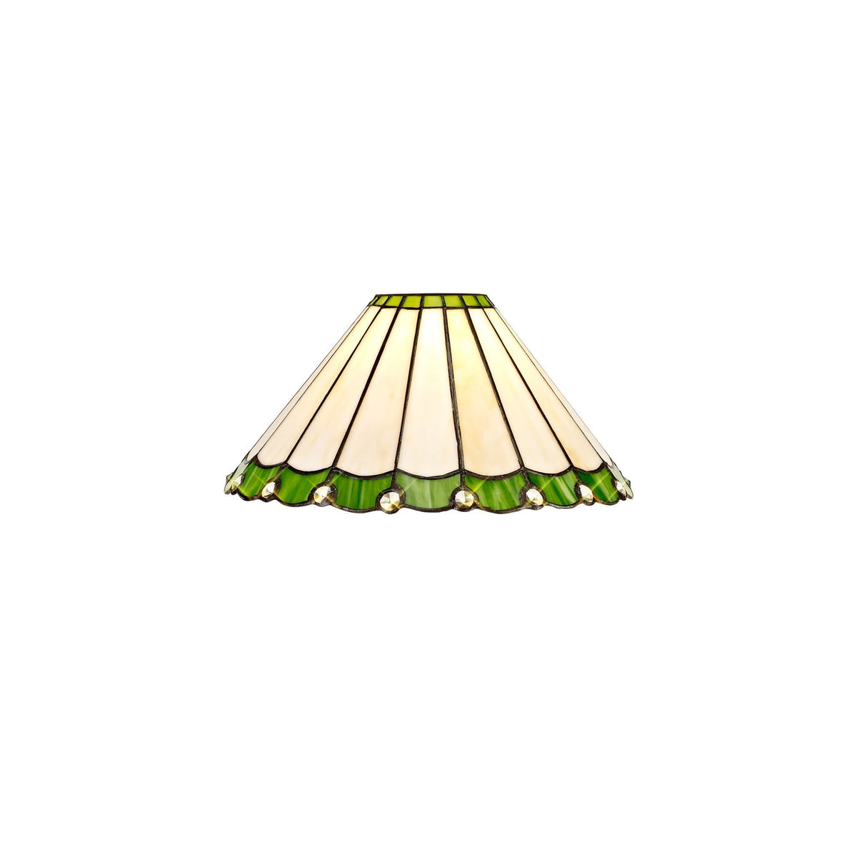 A Tiffany style lampshade, with white and green glass panels and decorative glass baubles.