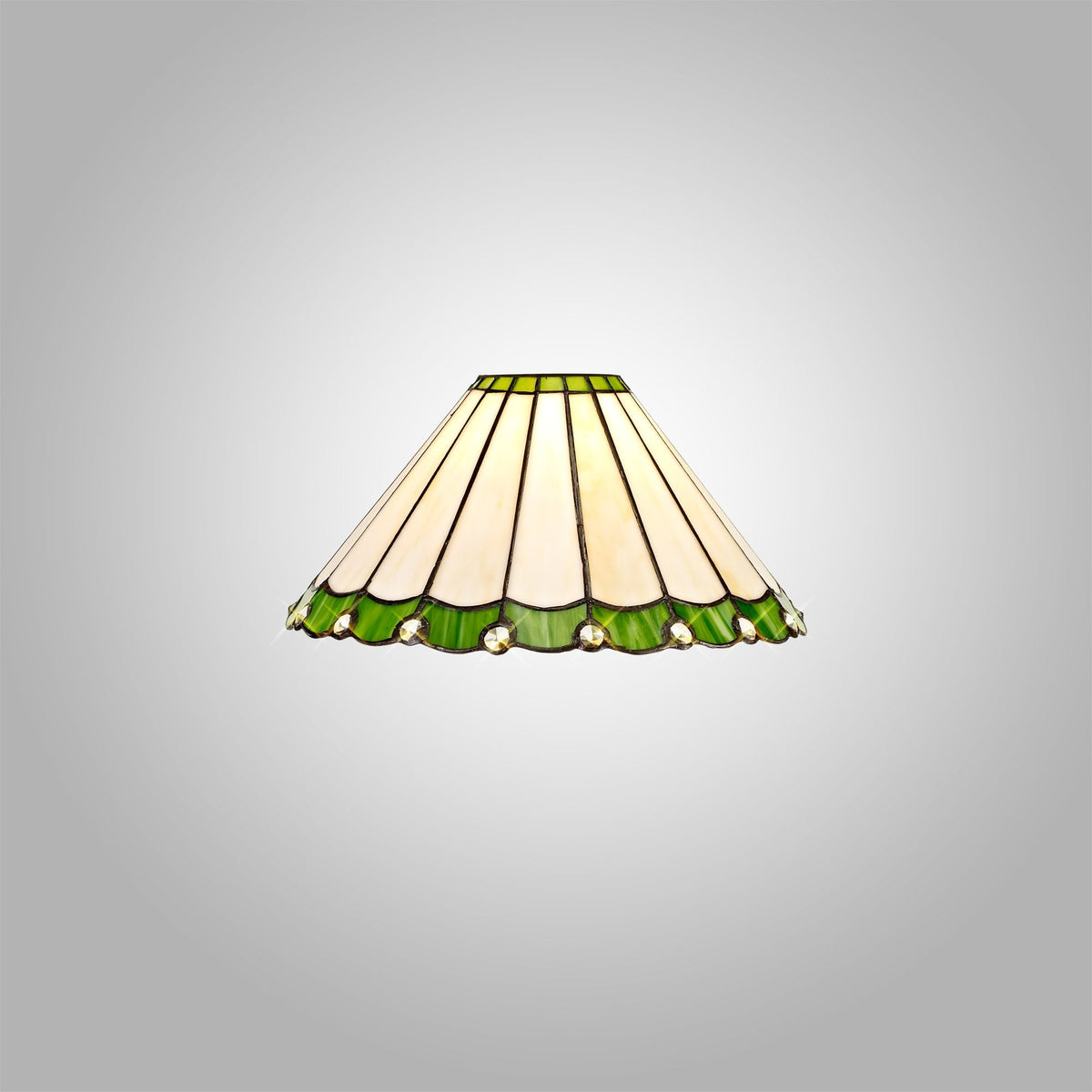 A Tiffany style lampshade, with white and green glass panels and decorative glass baubles.