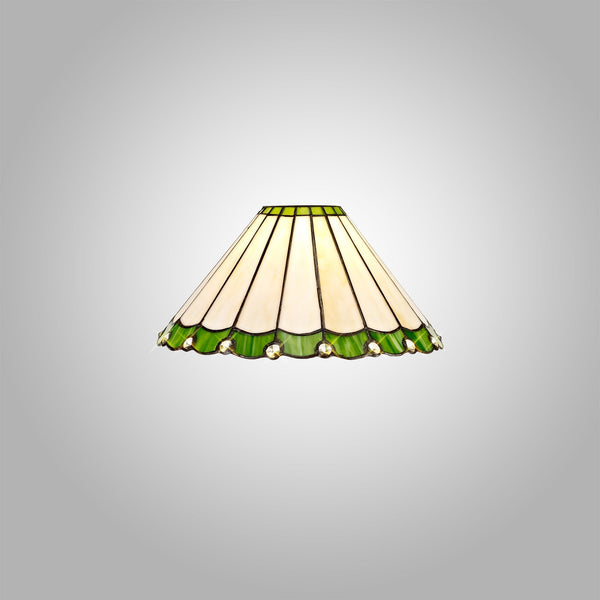 A Tiffany style lampshade, with white and green glass panels and decorative glass baubles.