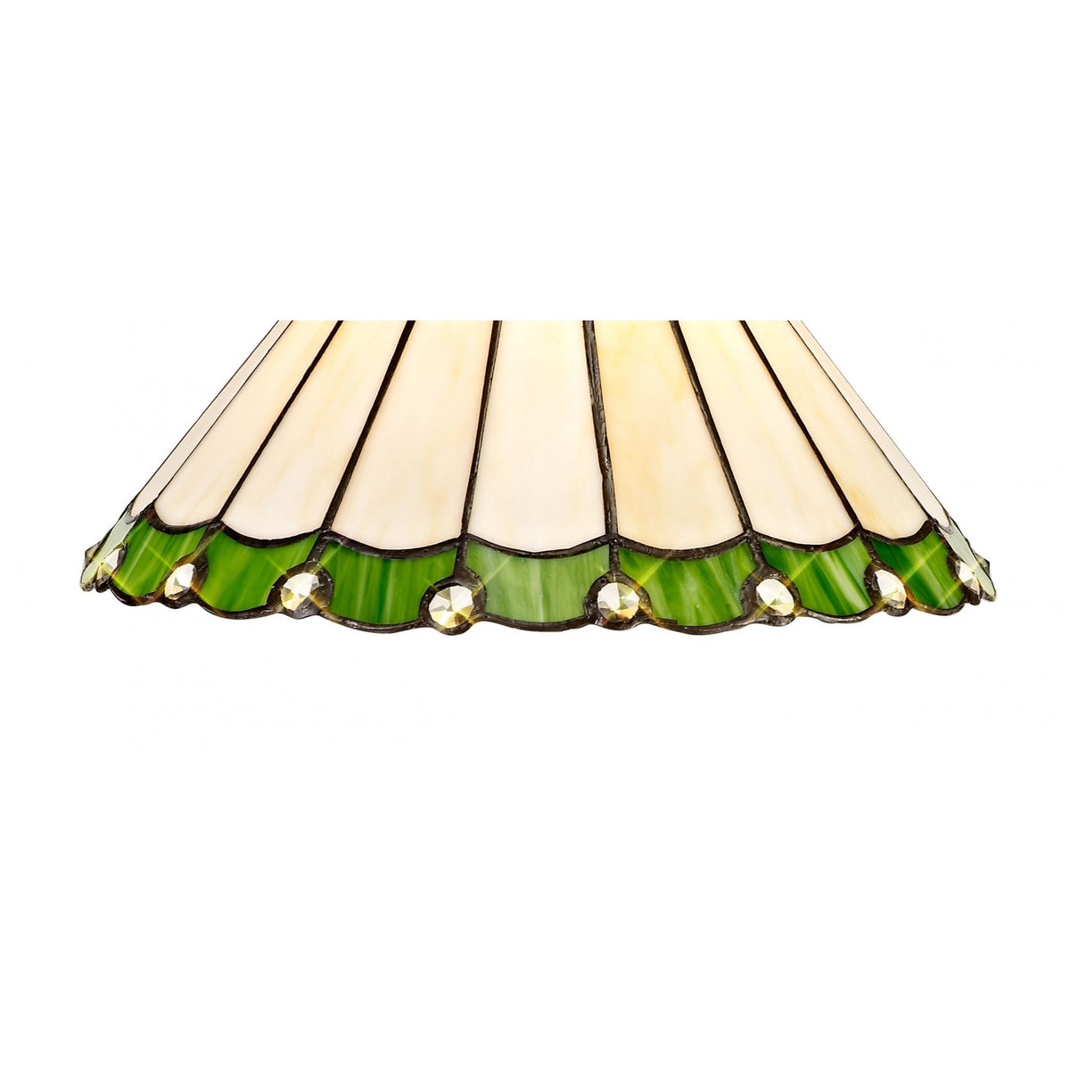 The lampshade, highlighting the decorative scalloped green glass and clear glass baubles.