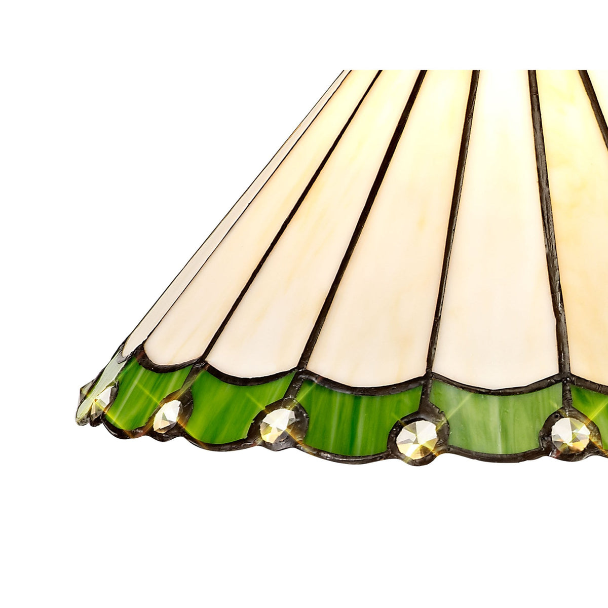 Close-up of the lampshade's lower edge, with green glass and clear baubles.