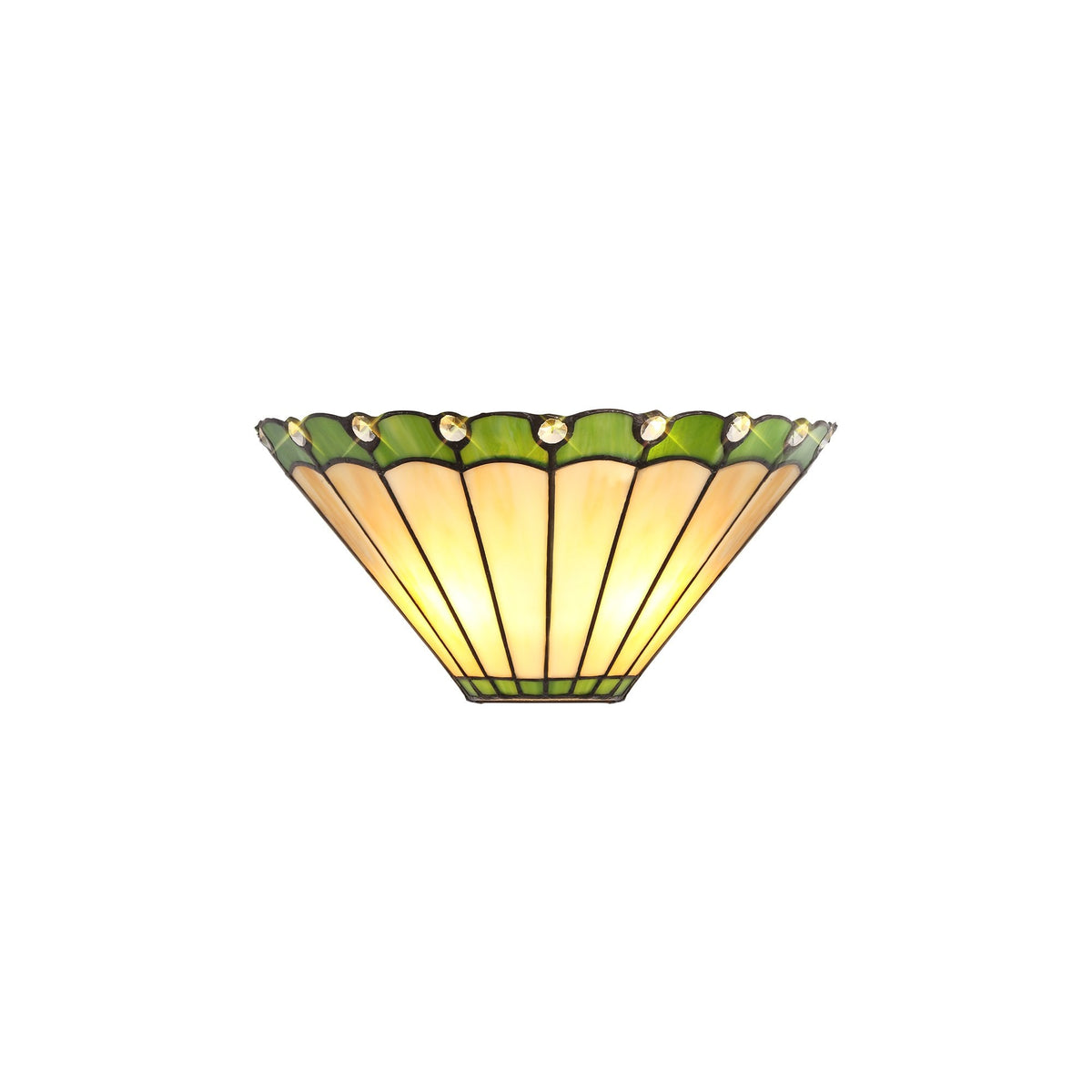 A Tiffany-style wall light shade in a fan shape with cream panels and a green scalloped border.