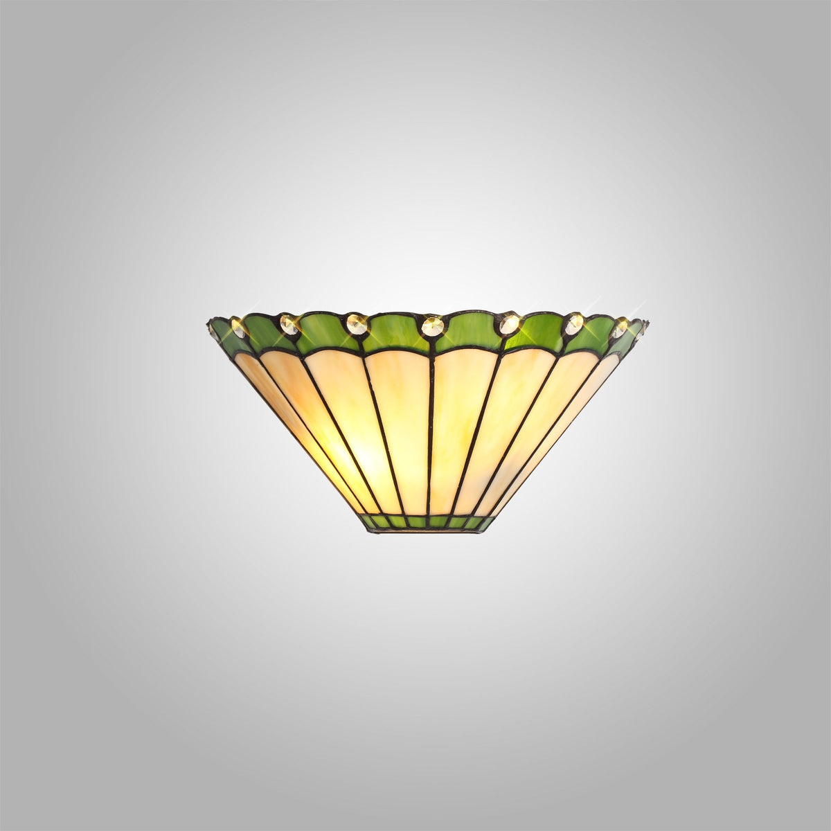 A Tiffany-style fan-shaped wall light shade with cream panels and a green scalloped border.