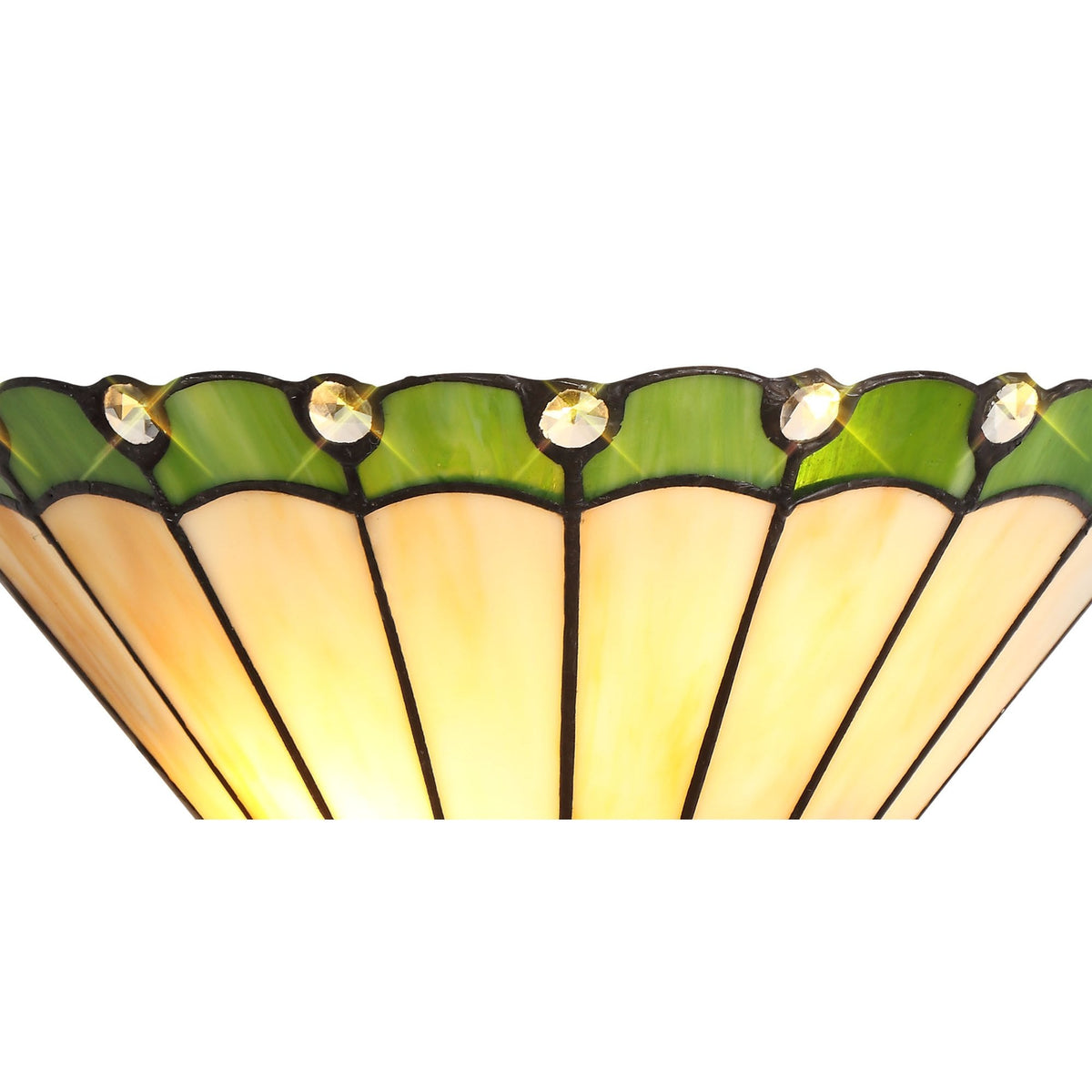 Close-up of the top of the Tiffany-style shade with a green scalloped border.
