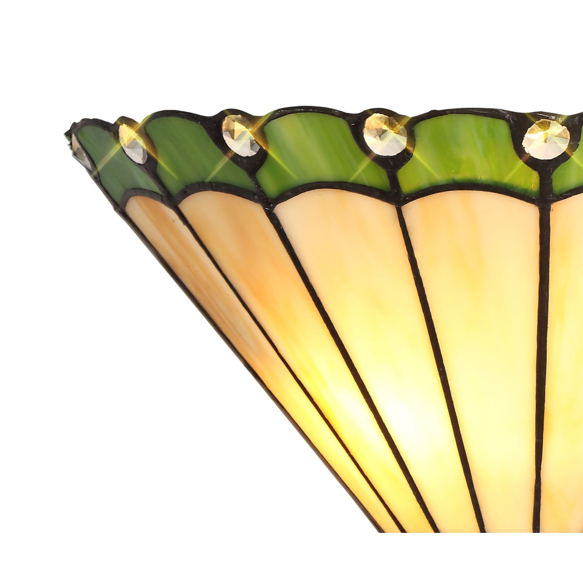 Angled view of the Tiffany-style shade's green and cream panels with decorative accents.