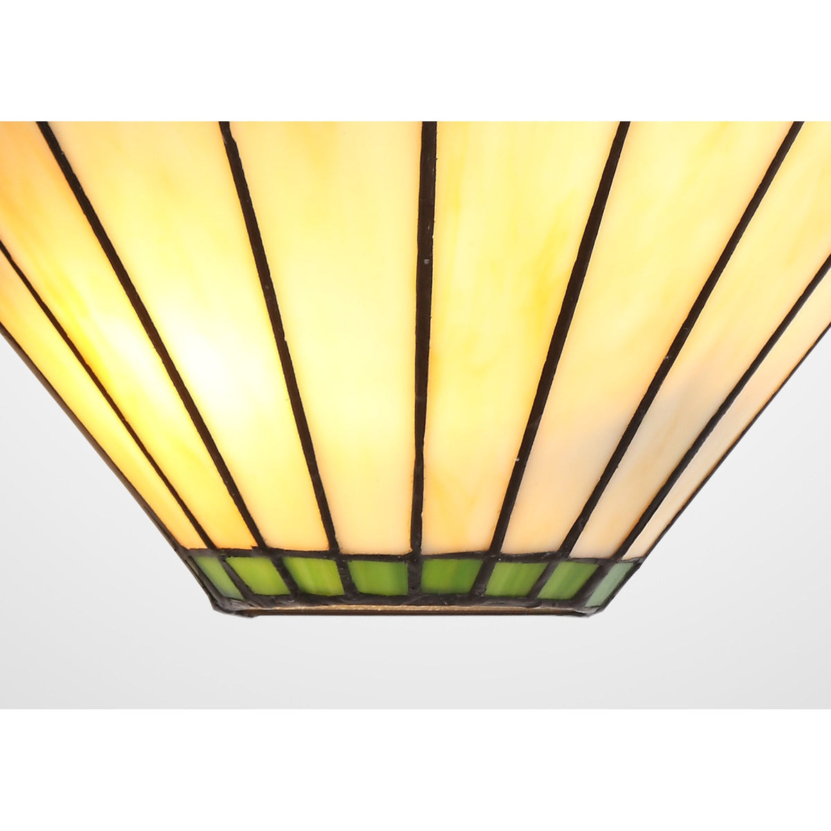 Close-up of the bottom section of the Tiffany-style light shade, showing cream and green.