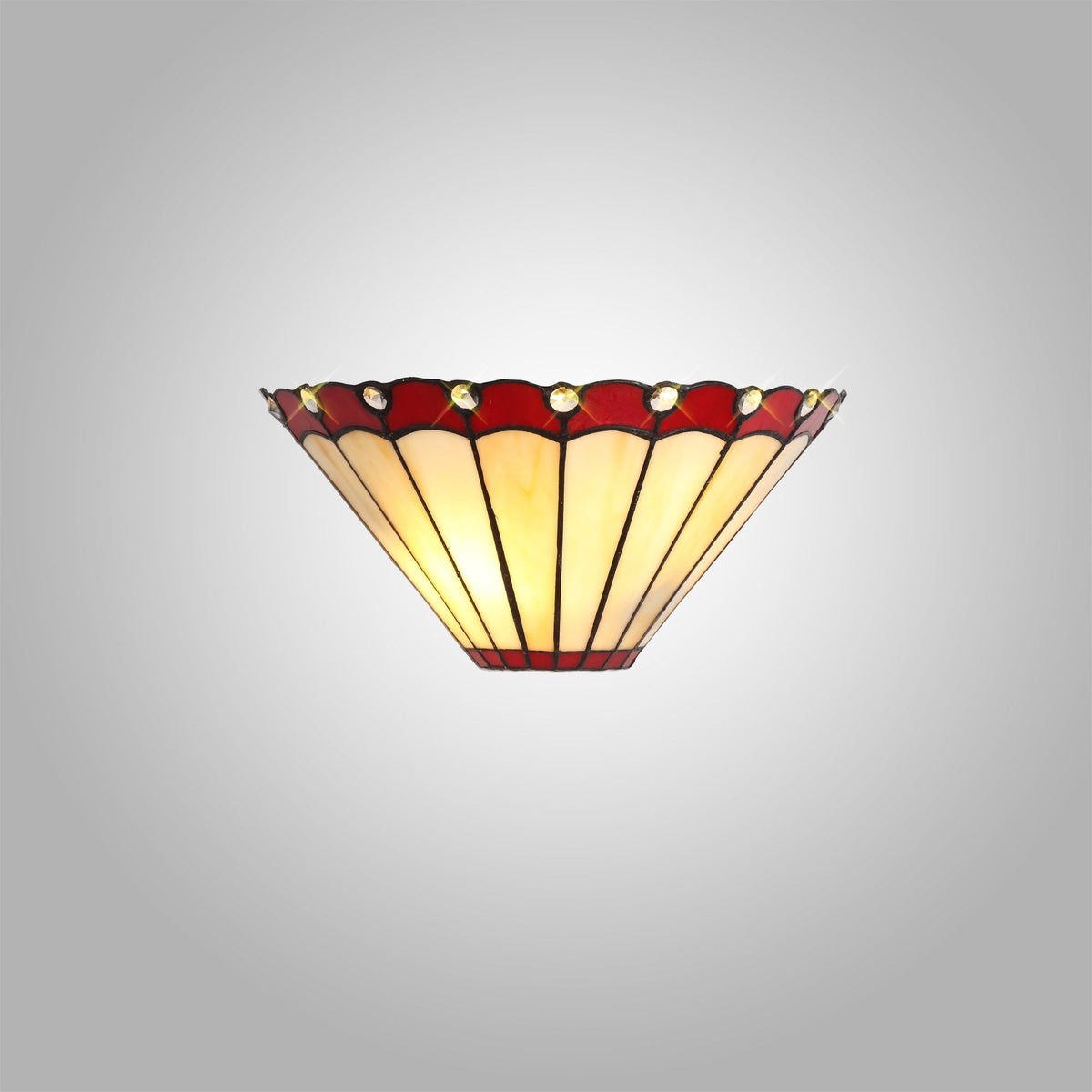 A close-up of the red and white stained glass wall light with a soft background.
