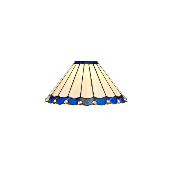 A white and blue scallop-edged Tiffany style lampshade, with jewelled trim.