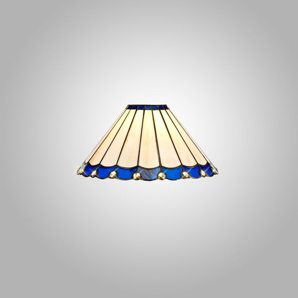A white and blue scallop-edged Tiffany style lampshade, with jewelled trim.