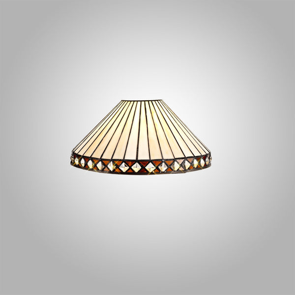 Conical lamp shade with a white ribbed main body and a decorative, gemmed border.