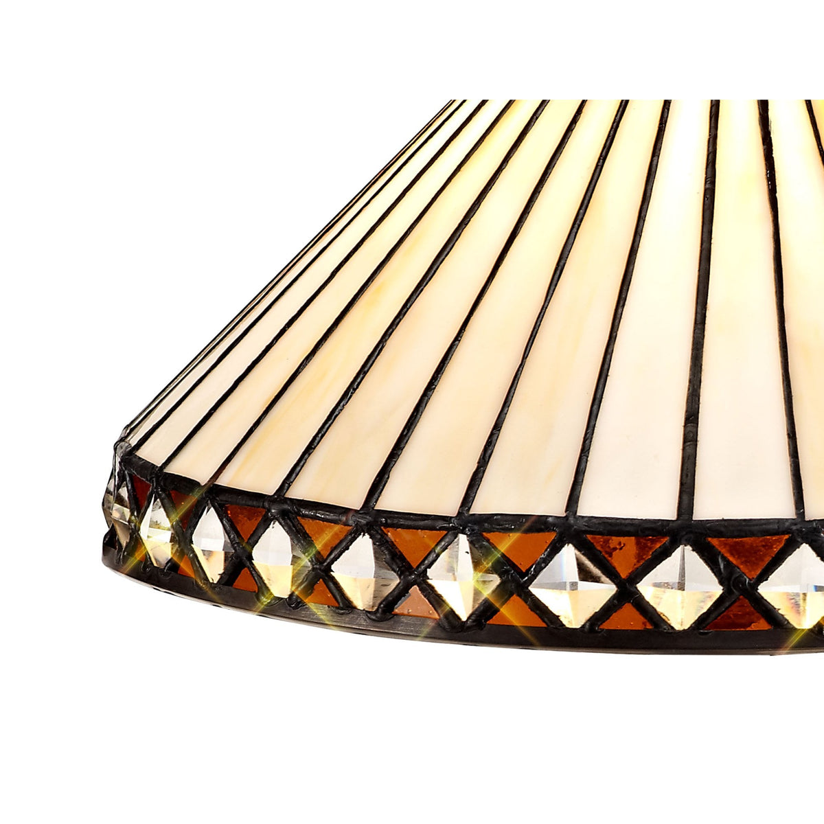 Close-up of a conical lamp shade with a white ribbed body and a decorative, gemmed border.