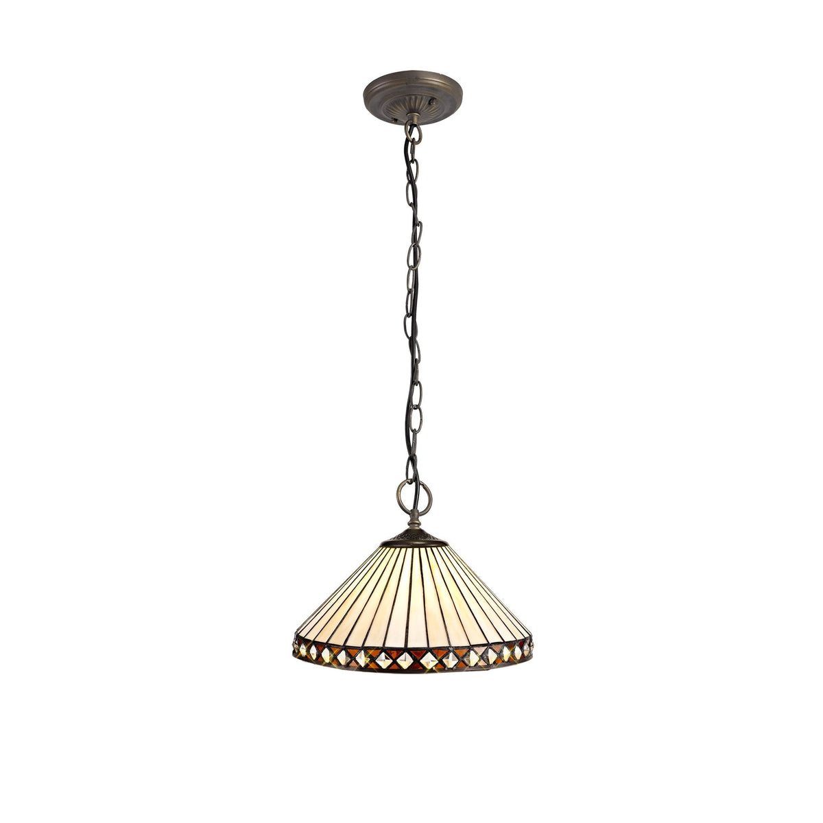 Pendant light with a white ribbed shade and a decorative, gemmed border.