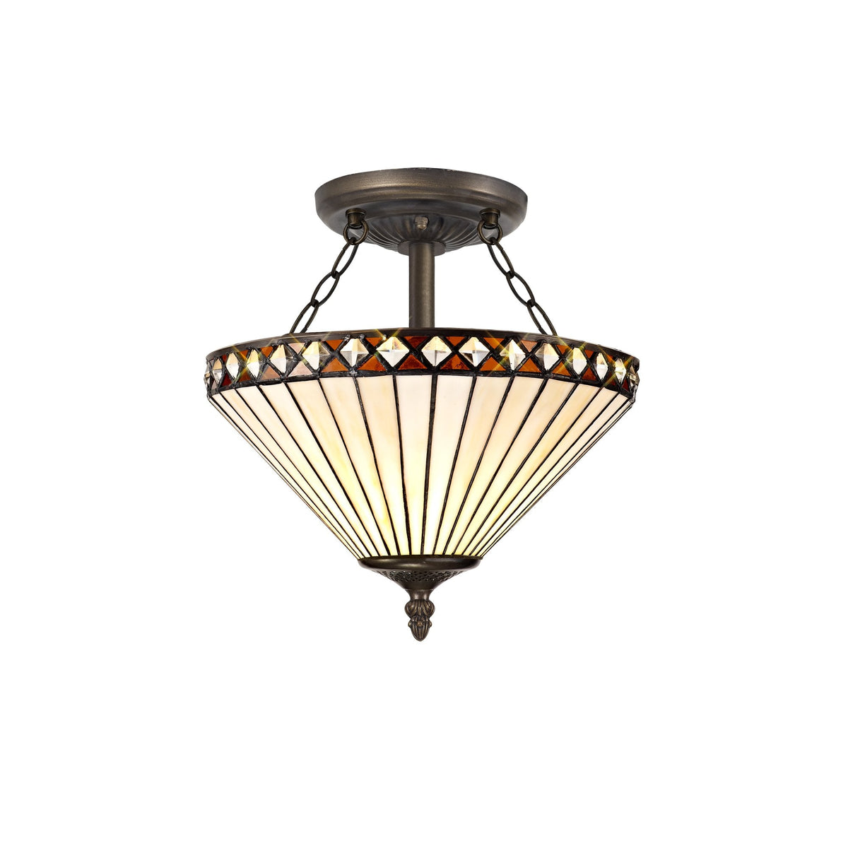 Semi-flush ceiling light with a white ribbed shade and a decorative, gemmed border.