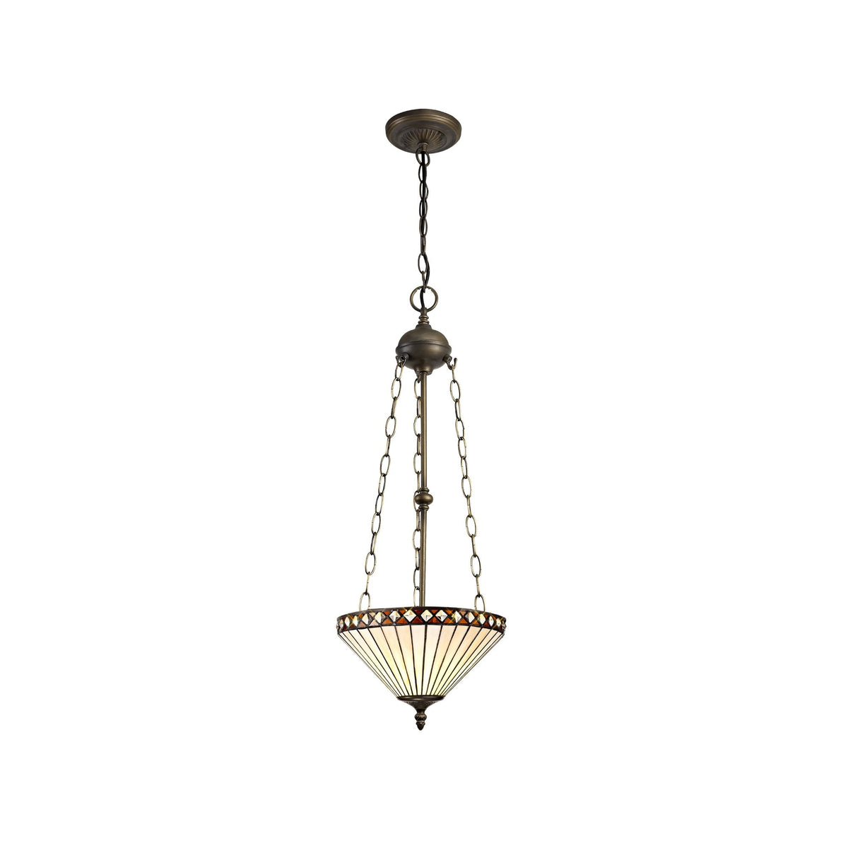 Inverted conical pendant light with a white ribbed shade and a decorative, gemmed border.