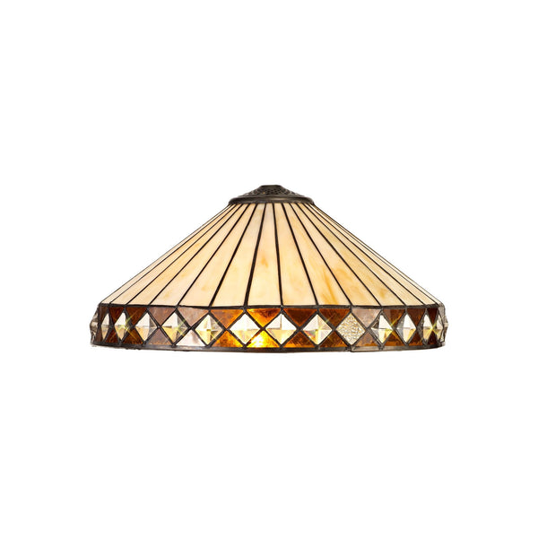 A Tiffany style lampshade, with cream vertical panels and a diamond-patterned amber border.