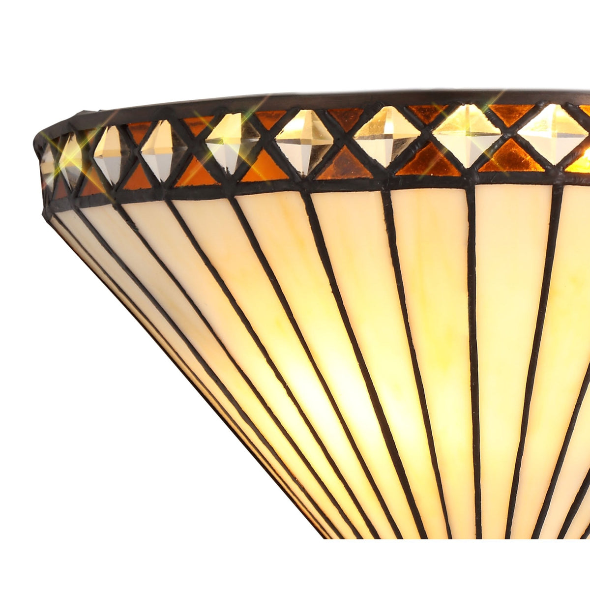 A close-up of an Art Deco wall sconce with a bronze frame and cream-coloured panels.