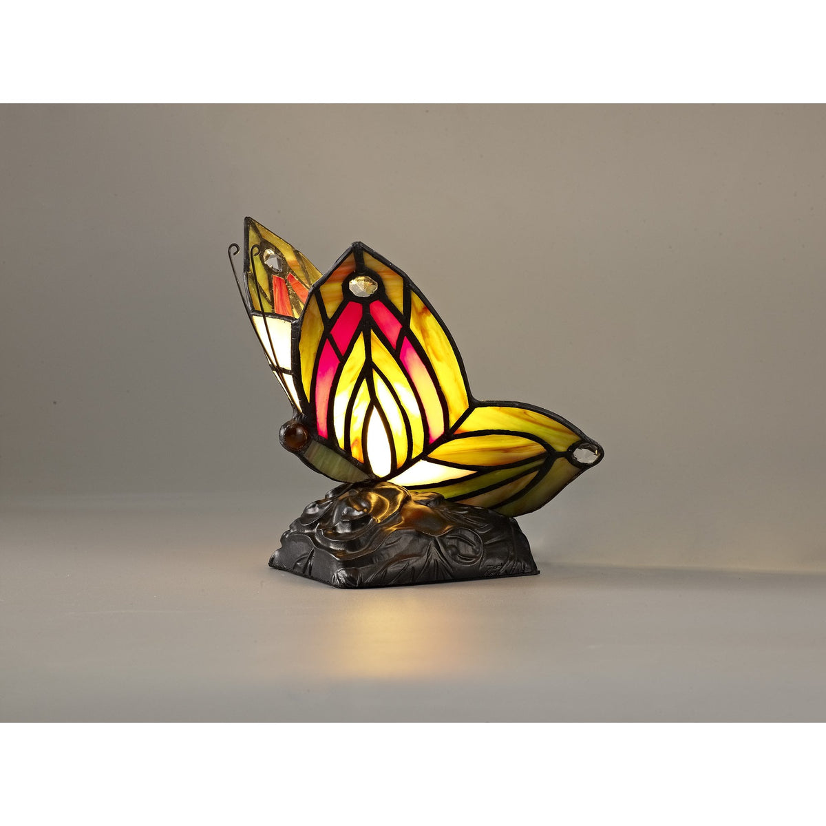 Motcoombe Tiffany Butterfly E14 Table Lamp in Green and Red Glass With Clear Crystal