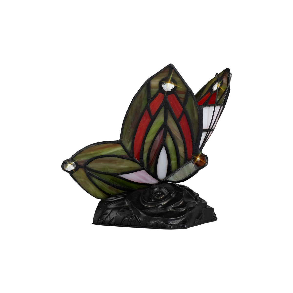 Motcoombe Tiffany Butterfly E14 Table Lamp in Green and Red Glass With Clear Crystal