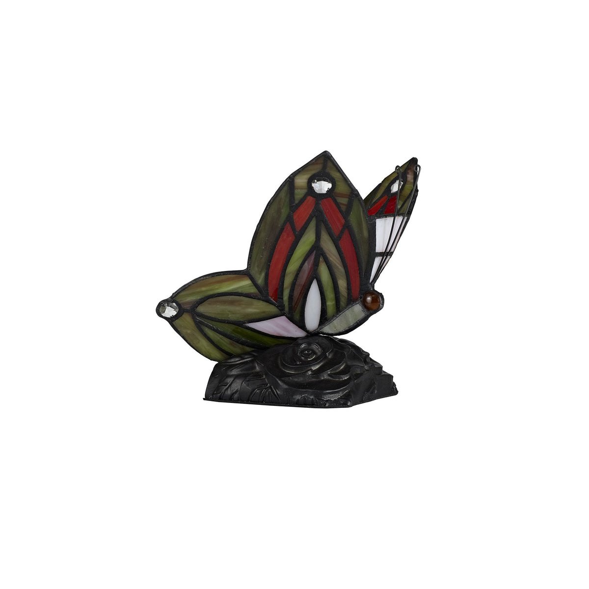 Motcoombe Tiffany Butterfly E14 Table Lamp in Green and Red Glass With Clear Crystal