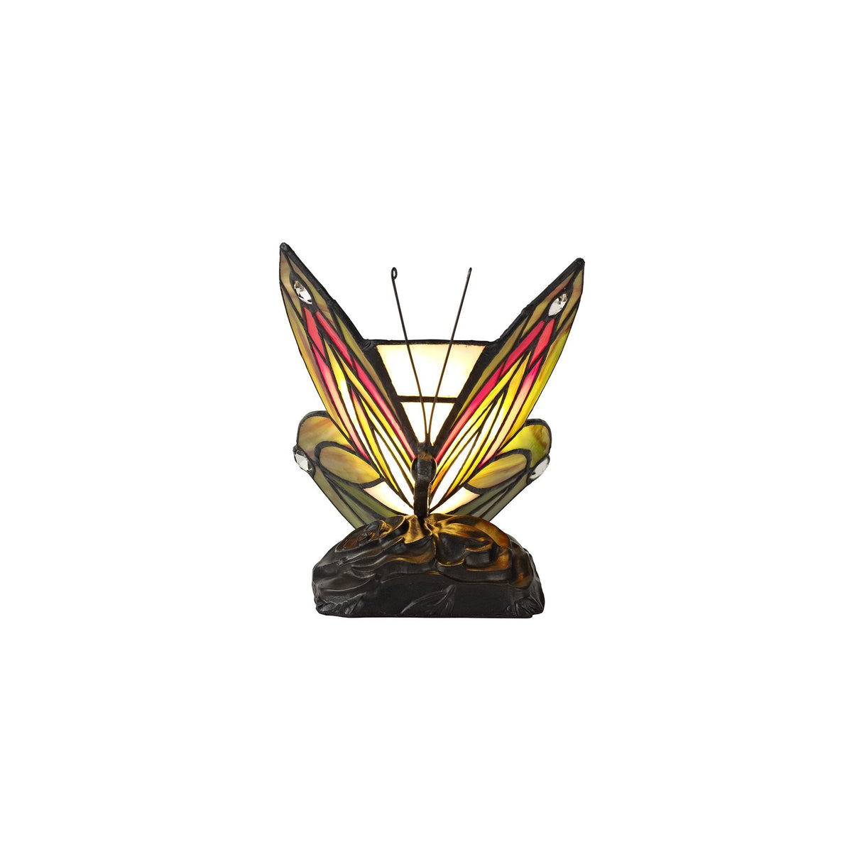 Motcoombe Tiffany Butterfly E14 Table Lamp in Green and Red Glass With Clear Crystal