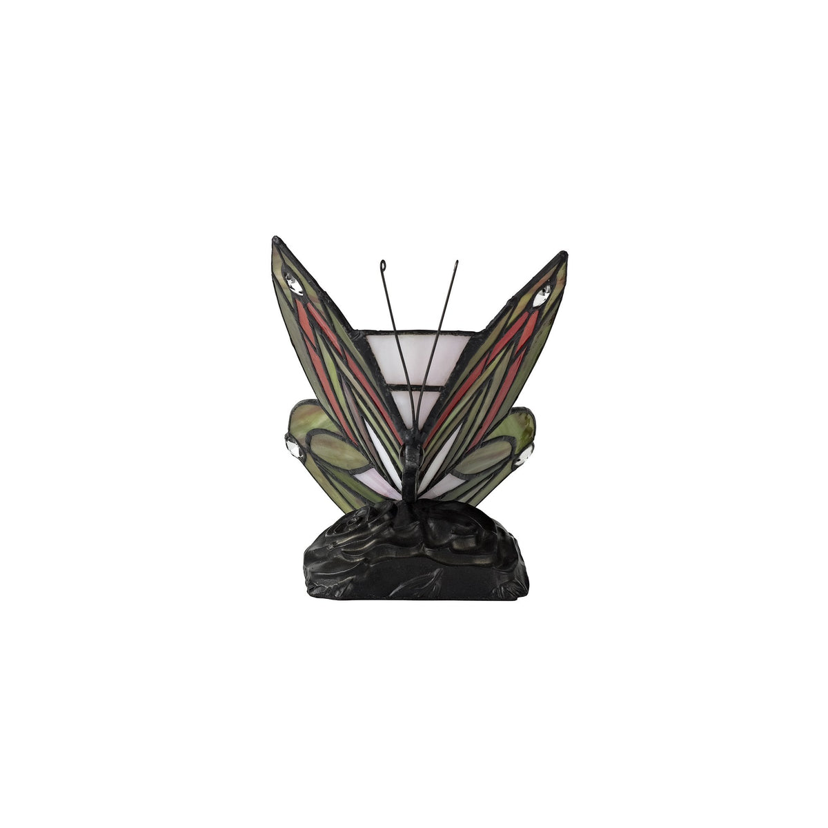 Motcoombe Tiffany Butterfly E14 Table Lamp in Green and Red Glass With Clear Crystal