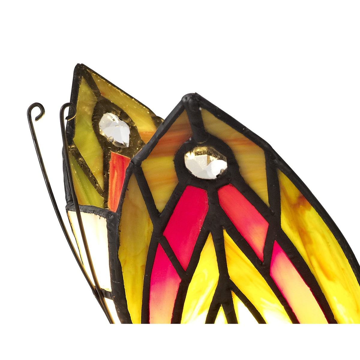 Motcoombe Tiffany Butterfly E14 Table Lamp in Green and Red Glass With Clear Crystal