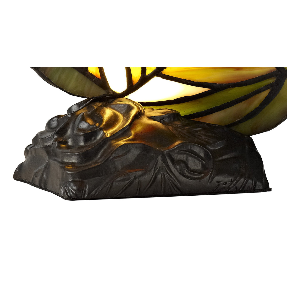 Motcoombe Tiffany Butterfly E14 Table Lamp in Green and Red Glass With Clear Crystal