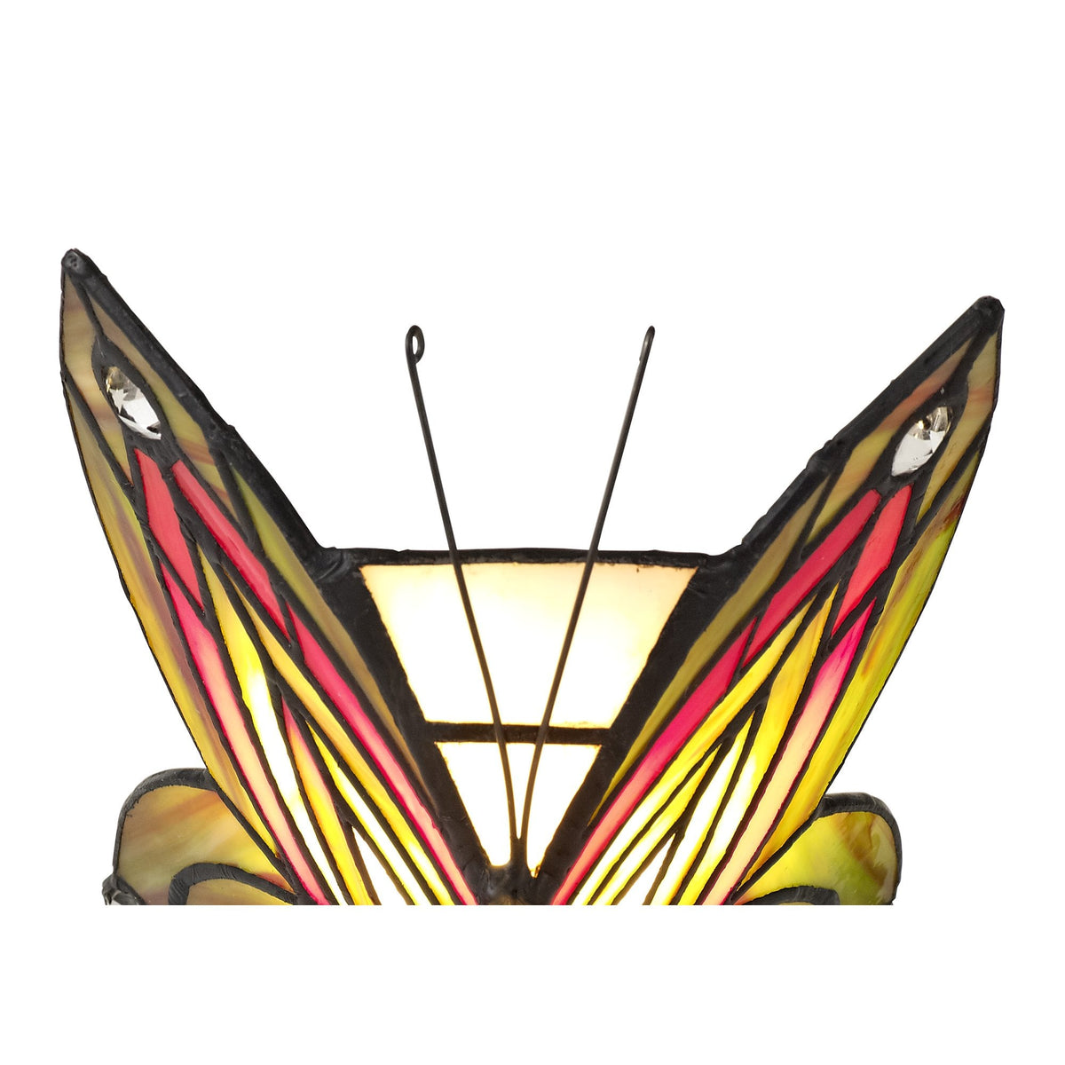 Motcoombe Tiffany Butterfly E14 Table Lamp in Green and Red Glass With Clear Crystal