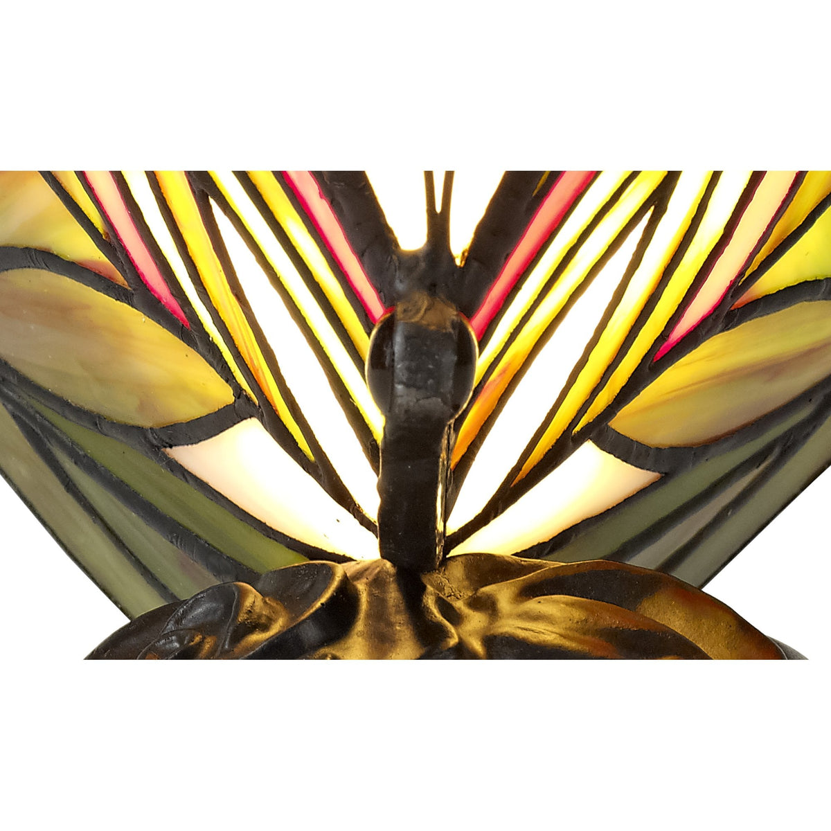 Motcoombe Tiffany Butterfly E14 Table Lamp in Green and Red Glass With Clear Crystal