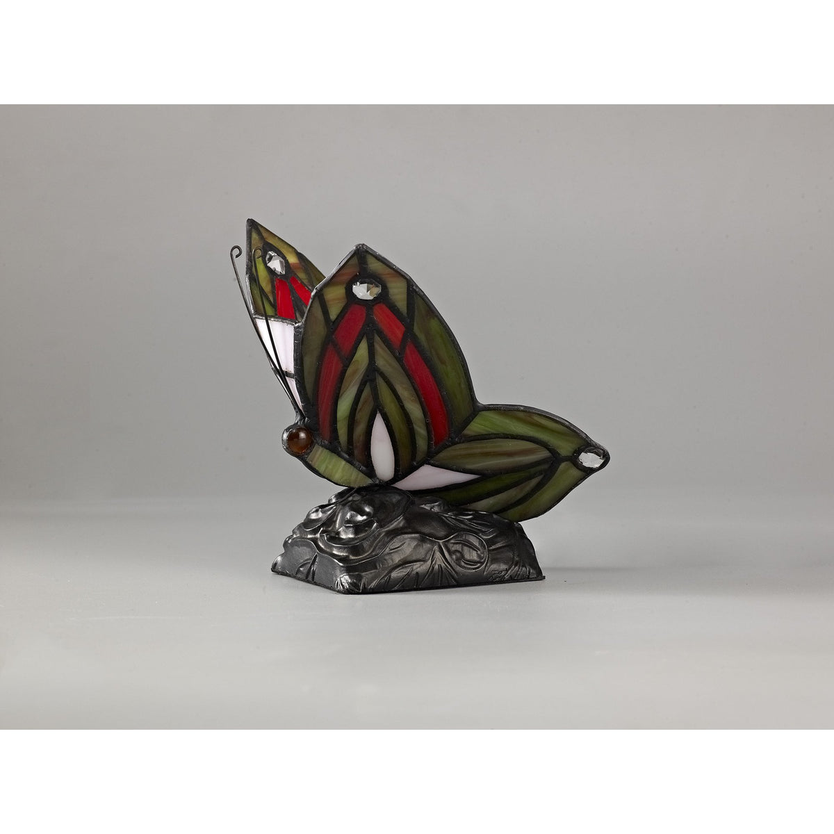 Motcoombe Tiffany Butterfly E14 Table Lamp in Green and Red Glass With Clear Crystal