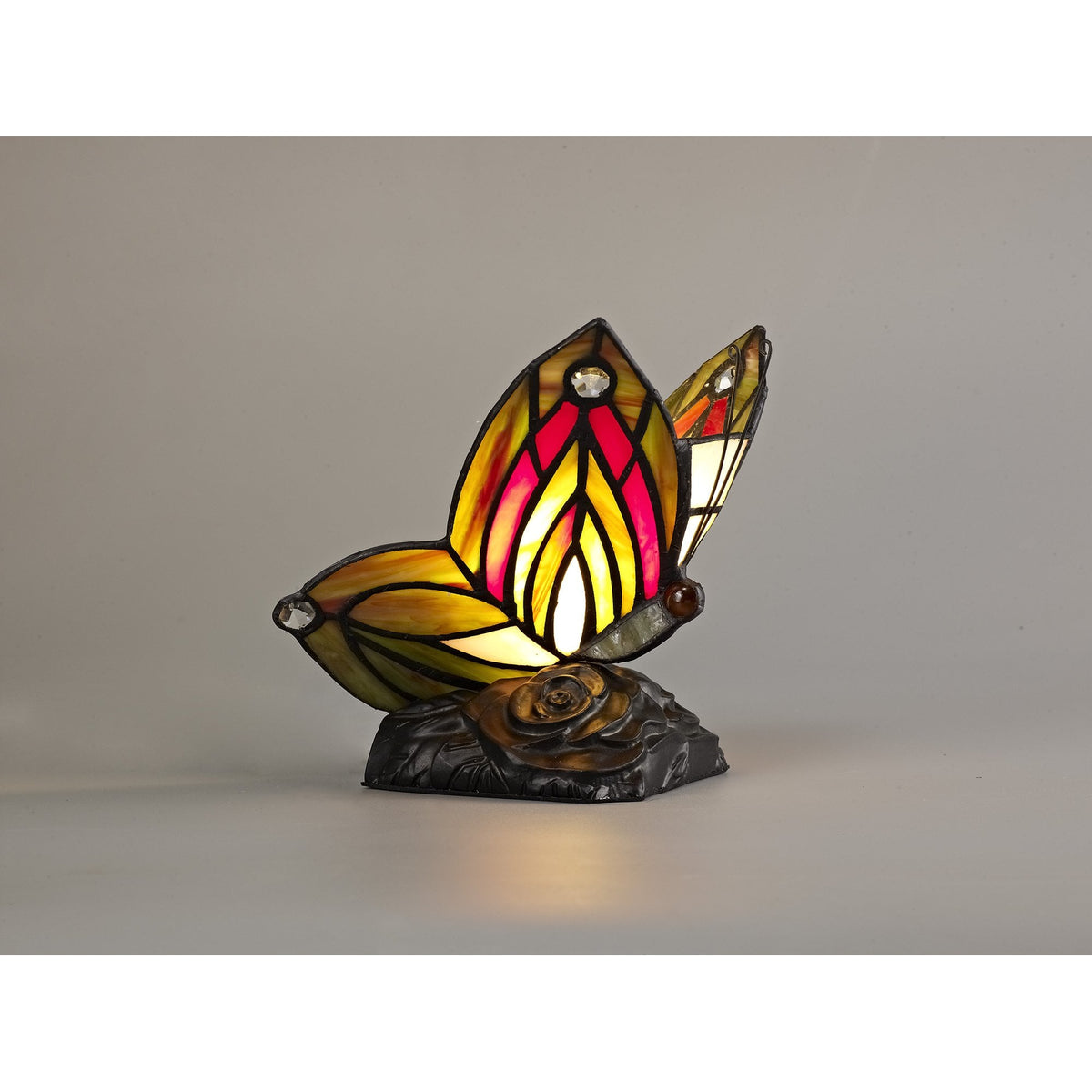 Motcoombe Tiffany Butterfly E14 Table Lamp in Green and Red Glass With Clear Crystal