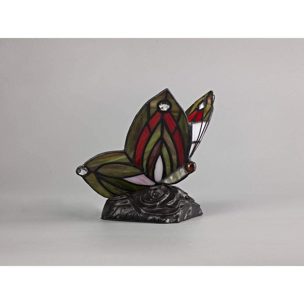 Motcoombe Tiffany Butterfly E14 Table Lamp in Green and Red Glass With Clear Crystal