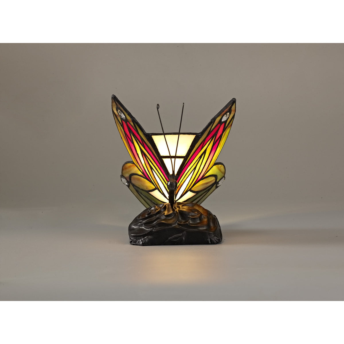 Motcoombe Tiffany Butterfly E14 Table Lamp in Green and Red Glass With Clear Crystal